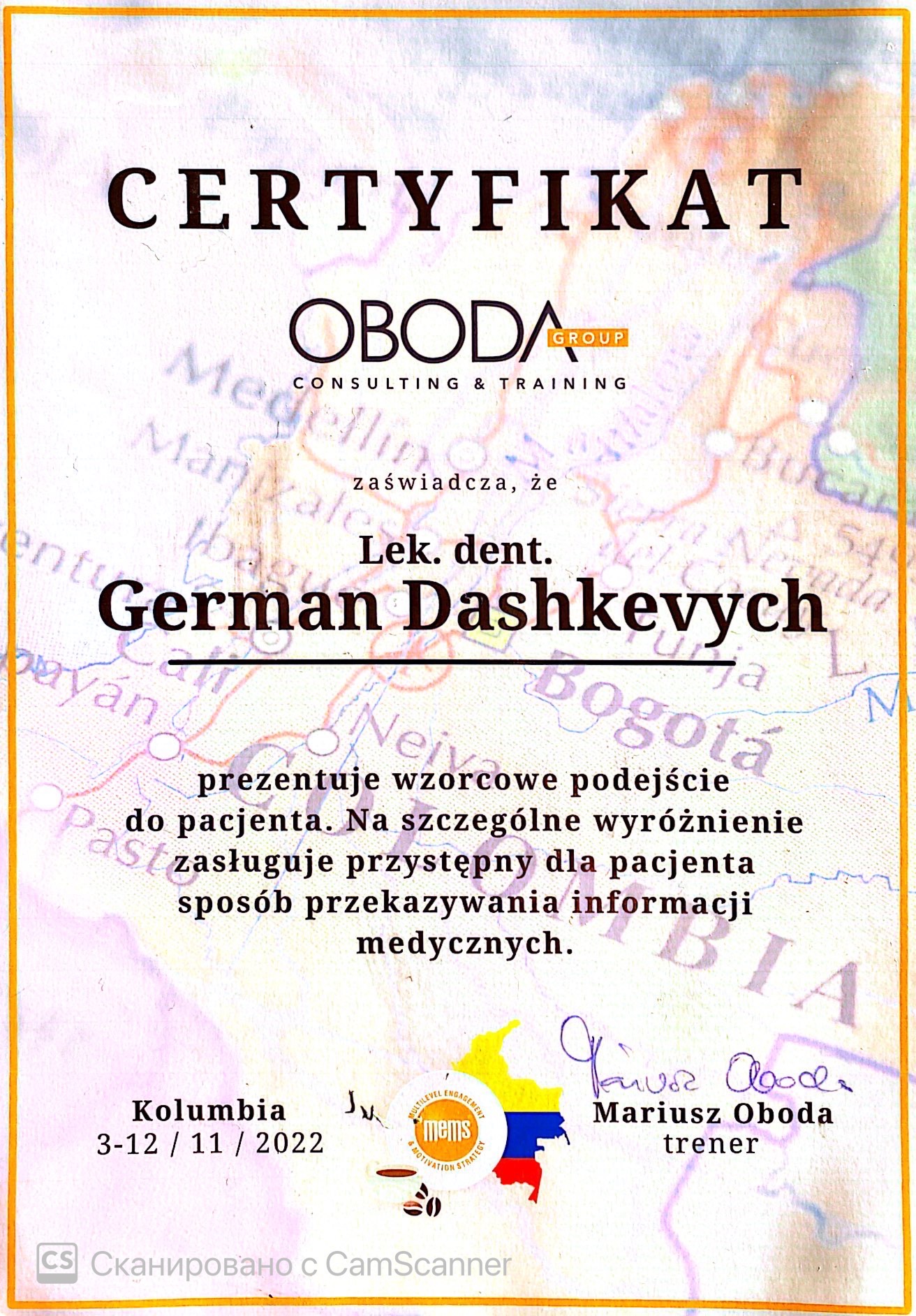 Microchirurgical Techniques in Dental Surgery (Maciej Walczak) Certificate of Herman Dashkevych for participation in microchirurgical concept of dental surgery
