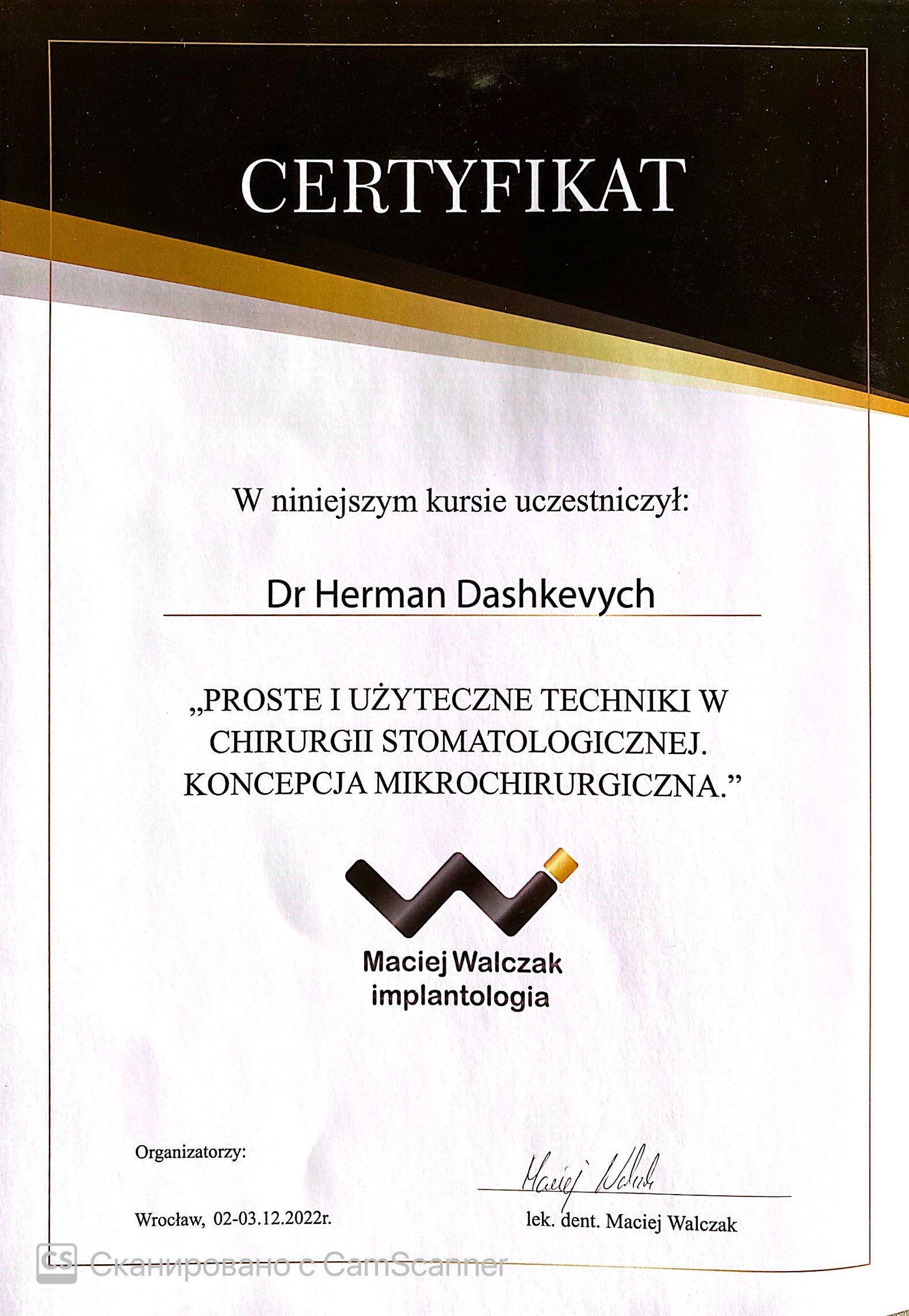 Bone Regeneration – Microchirurgical Approach (Szczutkowski) Bone regeneration course certificate
